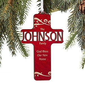 Bless Our Family Personalized Red Wood Cross Ornament - 12371-R