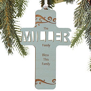 Bless Our Family Personalized Blue Wood Cross Ornament - 12371-B