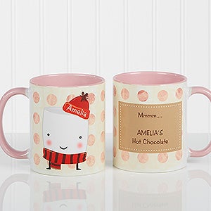 Personalized Hot Cocoa Mugs - Marshmallows - Pink Handle - 12412-P