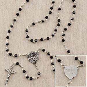 First Communion Boys Personalized Black Glass Bead Rosary - 12990