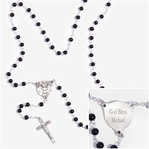First Communion Boys Personalized Black Glass Bead Rosary - 12990