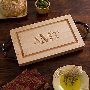 Engraved Monogram 13" Maple Cutting Board with Serving Handles - 13071D-H-R