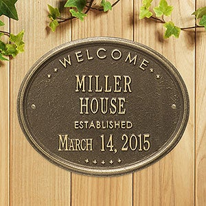 Oval Welcome Personalized Aluminum House Plaque - Antique Brass - 1356D