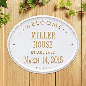 Oval Welcome Personalized Aluminum House Plaque - White & Gold - 1356D-WG