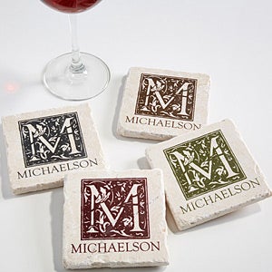 Floral Monogram Tumbled Stone Coaster Set - 13981