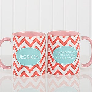 Personalized Large Coffee Mugs - Preppy Chic Chevron - Pink Mug - 14559-P