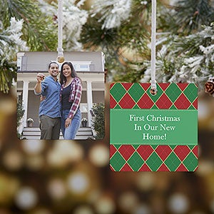 Christmas Argyle Personalized Photo Ornament - 2 Sided Metal - 14639-2M