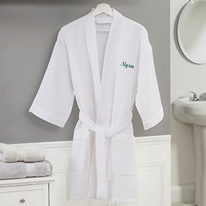 Embroidered White Waffle Weave Kimono Robe - 14886-RN