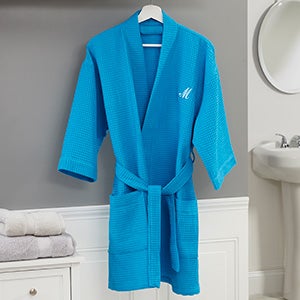 Embroidered Aqua Waffle Weave Kimono Robe - 14886-RA