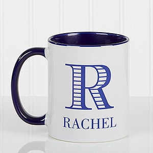 Personalized Coffee Mug 11 oz. With Blue Handle - Striped Monogram - 15799-BL