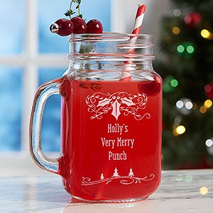 Holly Berry Christmas Etched Glass Mason Jar - 16364