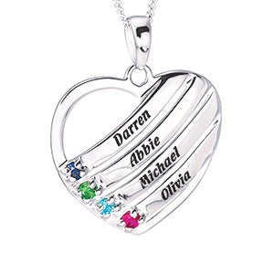 Family Heart Pendant Personalized Sterling Silver Birthstone Necklace - 16554D