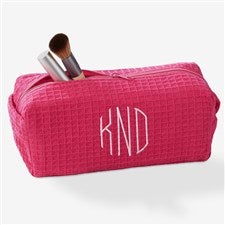 Embroidered Pink Waffle Weave Makeup Bag - 17001-P