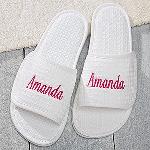 Embroidered White Waffle Weave Slippers - Name