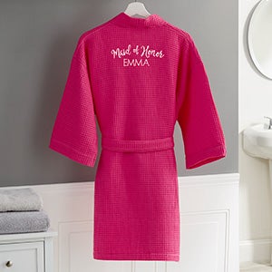 Bridal Party Embroidered Pink Waffle Weave Kimono Robe - 17394-RP