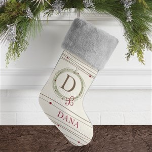 Holiday Wreath Monogrammed Grey Fur Christmas Stocking - 17446-GF