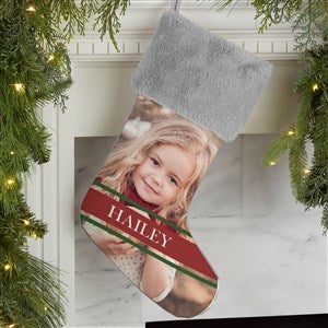 Holly Jolly Smile Grey Fur Photo Christmas Stocking - 17452-GF