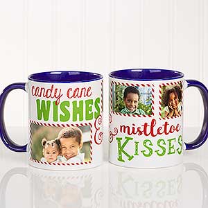 Blue 11oz Photo Christmas Mug - Candy Cane Wishes, Mistletoe Kisses - 18072-BL