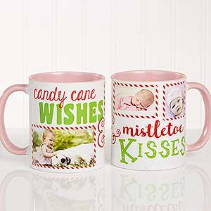 Pink 11oz Photo Christmas Mug - Candy Cane Wishes, Mistletoe Kisses - 18072-P