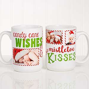 White 15oz Photo Christmas Mug - Candy Cane Wishes, Mistletoe Kisses - 18072-L