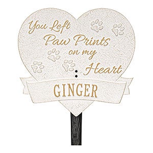 Paw Print Heart Personalized Pet Memorial Lawn Plaque - White & Gold - 18351D-WG