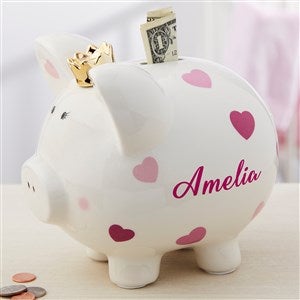 Baby Girl Pink Heart Personalized Piggy Bank - 18610-1