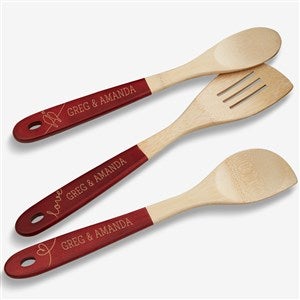 Lovebirds Personalized Red-Handled Bamboo Cooking Utensils- 3pc Set - 18857