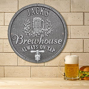 Oak Barrel Personalized Aluminum Brew Pub Plaque - Pewter Silver - 19076D-PS