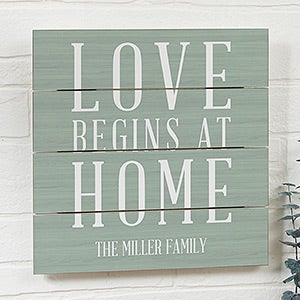 Love Begins At Home 12x12 Personalized Wood Slat Sign - 19166-12x12