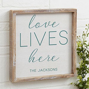 Love Lives Here Personalized Whitewashed Barnwood Frame Wall Art- 12 x 12 - 19276-12x12