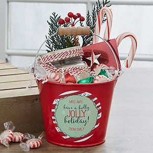 Holly Jolly Personalized Mini Metal Teacher Bucket - Red - 19334-R