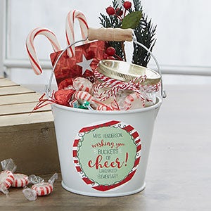 Holly Jolly Personalized Mini Metal Teacher Bucket - White - 19334