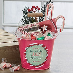 Holly Jolly Personalized Mini Metal Teacher Bucket - Pink - 19334-P