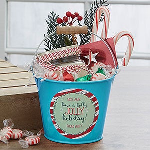 Holly Jolly Personalized Mini Metal Teacher Bucket - Teal - 19334-T