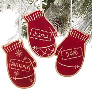 Family Winter Mitten Engraved Red Wood Ornament - 19563-R