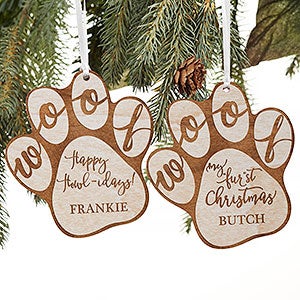 Happy Howl-idays Personalized Dog Whitewash Wood Ornament - 19567-W