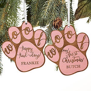 Happy Howl-idays Personalized Dog Pink Wood Ornament - 19567-P