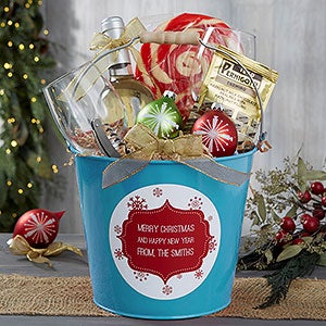 Christmas Snowflakes Personalized Teal Metal Gift Bucket - 19592-T