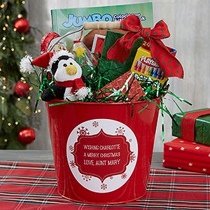 Merry Christmas Personalized Kids Red Metal Gift Bucket - 19707