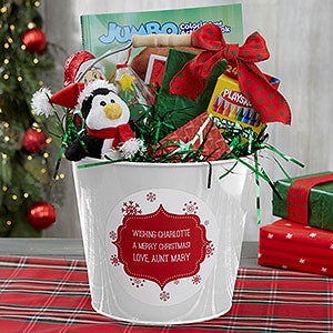 Merry Christmas Personalized Kids White Metal Gift Bucket - 19707-W
