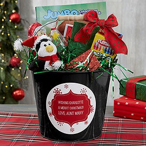 Merry Christmas Personalized Kids Black Metal Gift Bucket - 19707-B