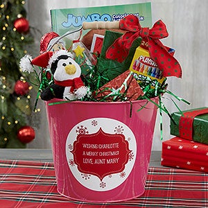 Merry Christmas Personalized Kids Pink Metal Gift Bucket - 19707-P