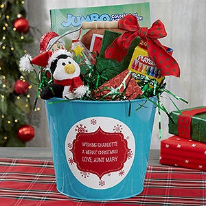 Merry Christmas Personalized Kids Teal Metal Gift Bucket - 19707-T