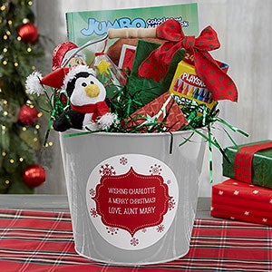 Merry Christmas Personalized Kids Silver Metal Gift Bucket - 19707-S