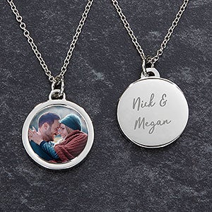 Couples Engraved Round Photo Pendant Necklace - 19738