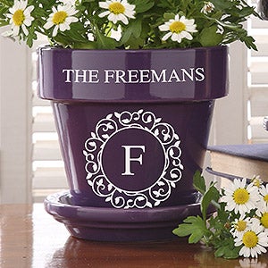 Circle  Vine Monogram Personalized Flower Pot - Purple - 19989-P