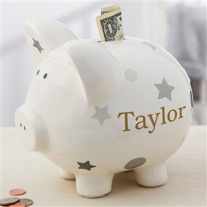 Baby Grey Polka Dots & Stars Personalized Piggy Bank - 20246