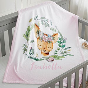 Woodland Floral Deer Personalized Plush Fleece Baby Blanket - 20254-D