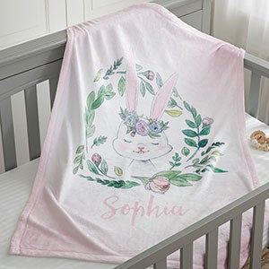 Woodland Floral Bunny Personalized Plush Fleece Baby Blanket - 20254-B