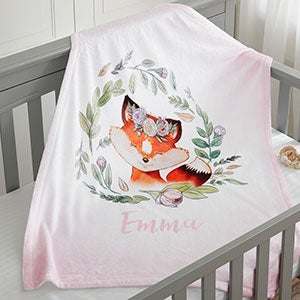 Woodland Floral Fox Personalized Fleece Baby Blanket - 20254-F